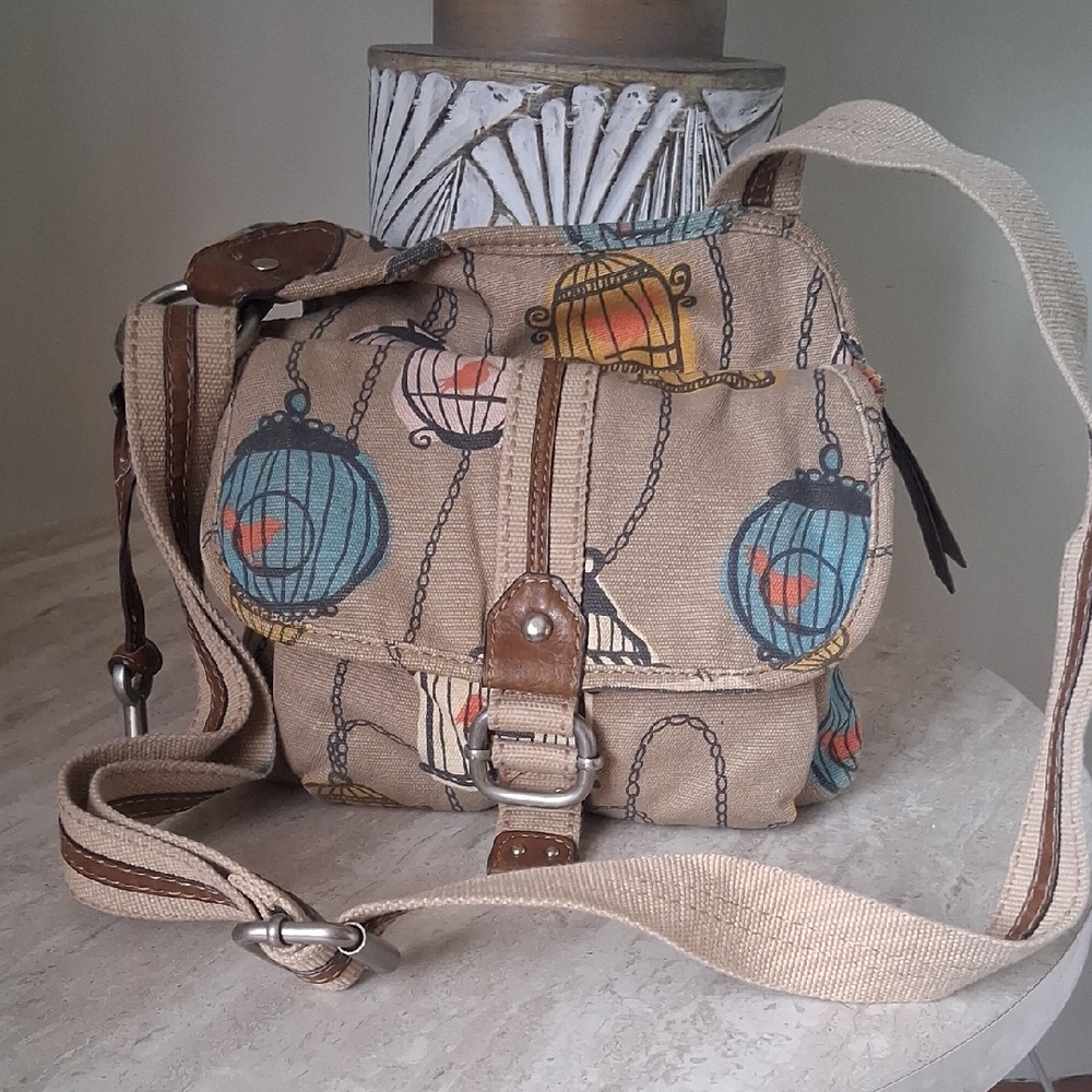 Fossil Tan Crossbody Bag with Birdcage Design